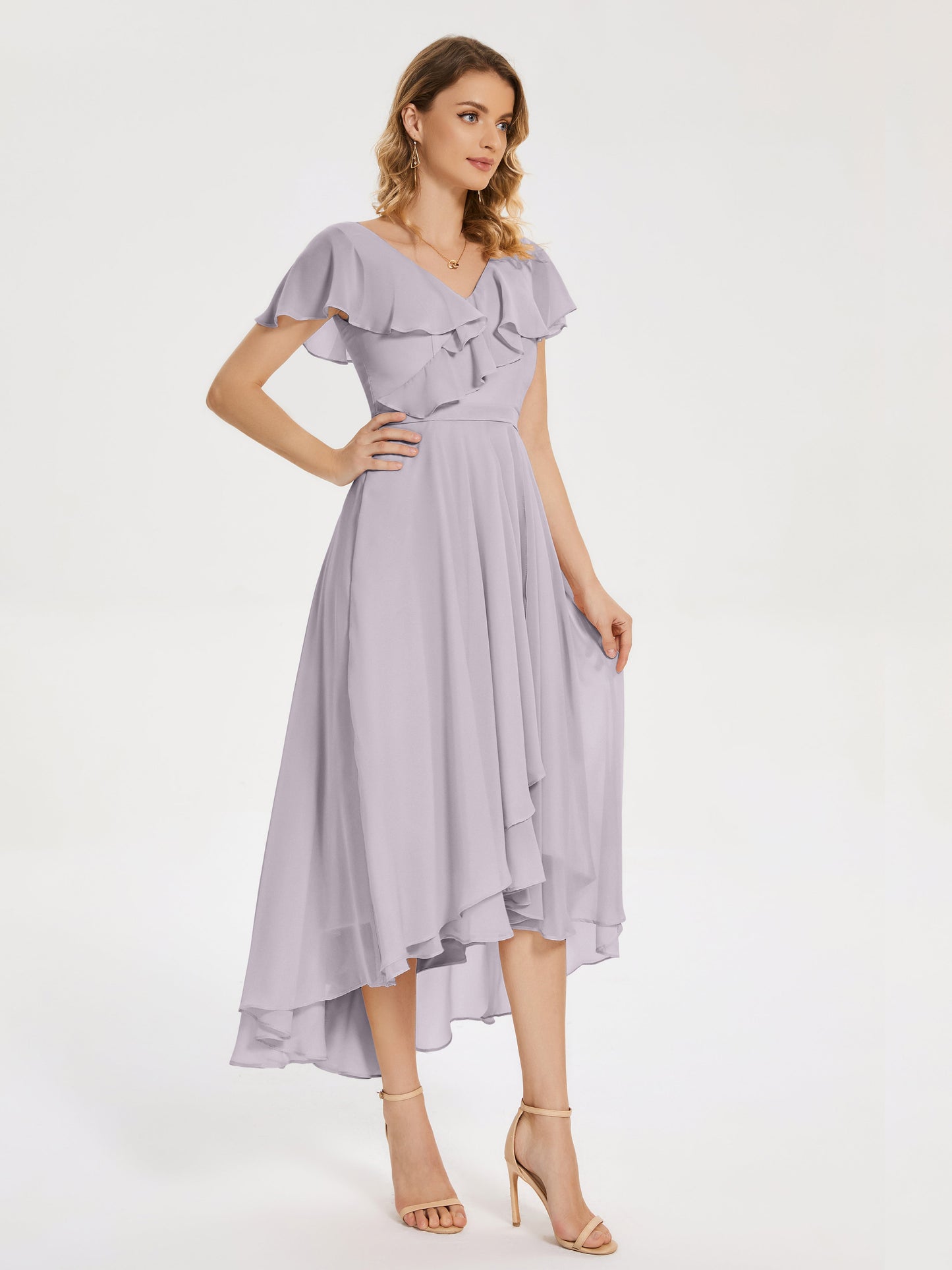 Gabriela Short Sleeves High Low Bridesmaid Dress with Pockets