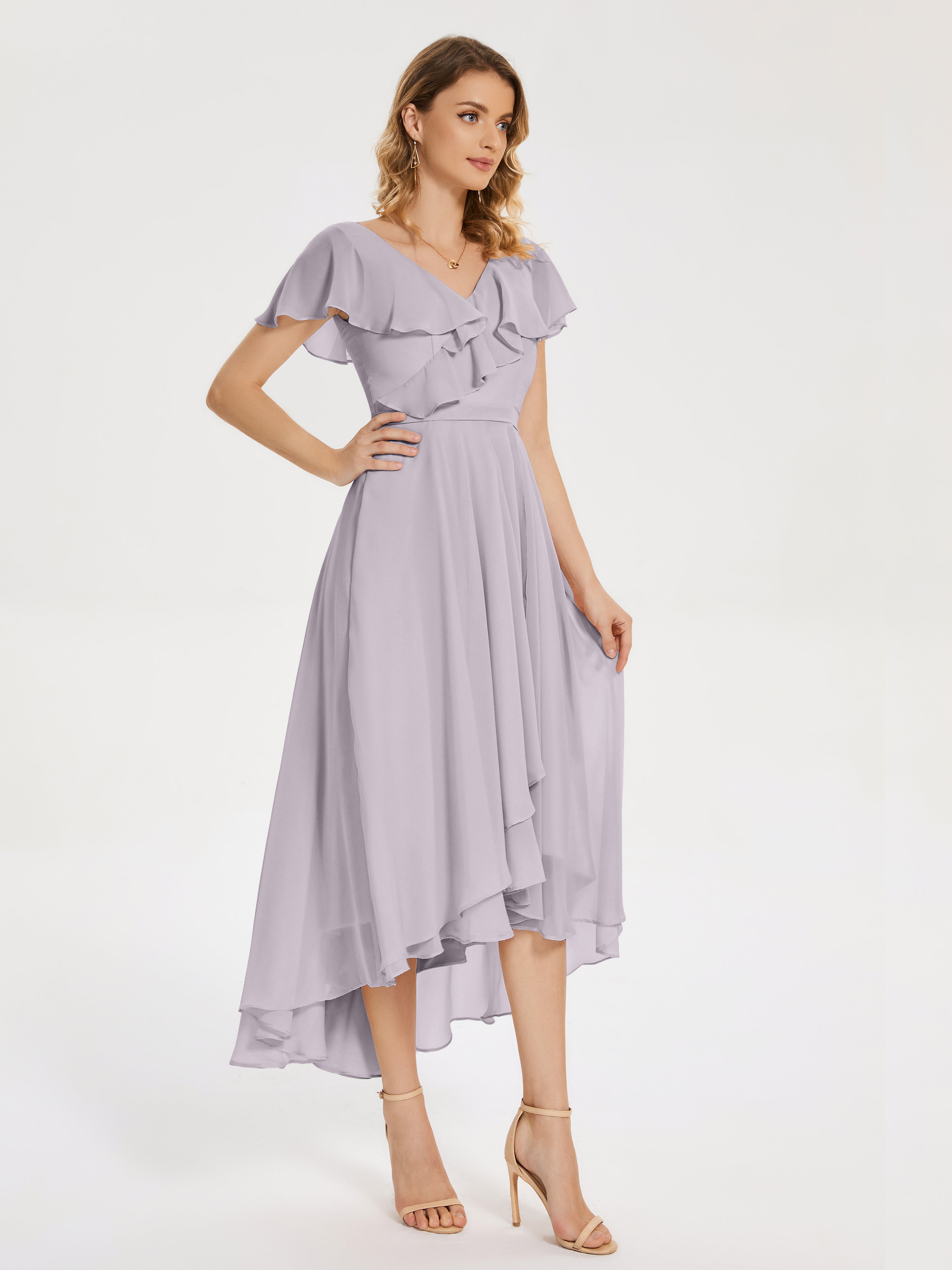 Gabriela Short Sleeves High Low Bridesmaid Dress with Pockets