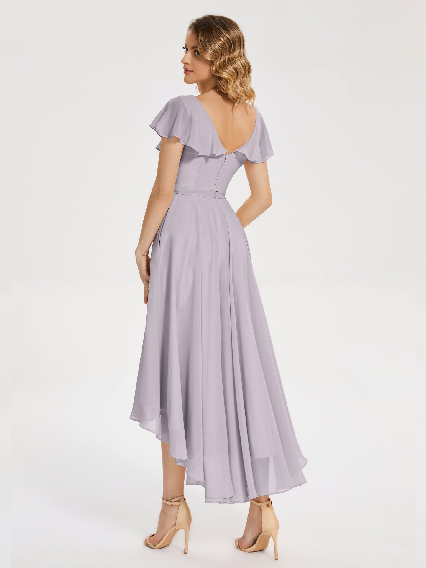Gabriela Short Sleeves High Low Bridesmaid Dress with Pockets