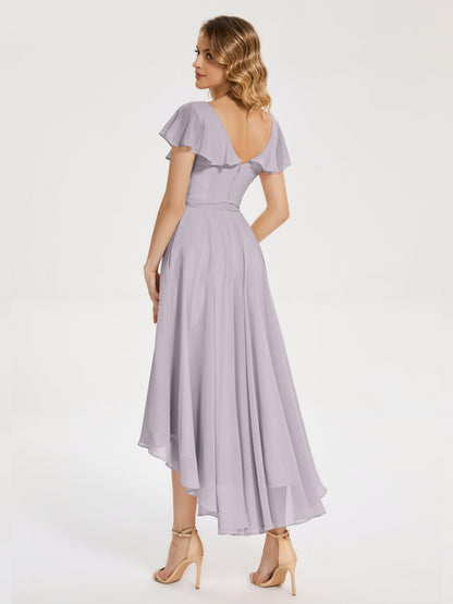 Gabriela Short Sleeves High Low Bridesmaid Dress with Pockets