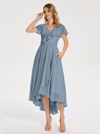 Gabriela Short Sleeves High Low Bridesmaid Dress with Pockets