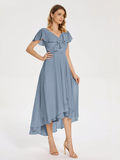 Gabriela Short Sleeves High Low Bridesmaid Dress with Pockets