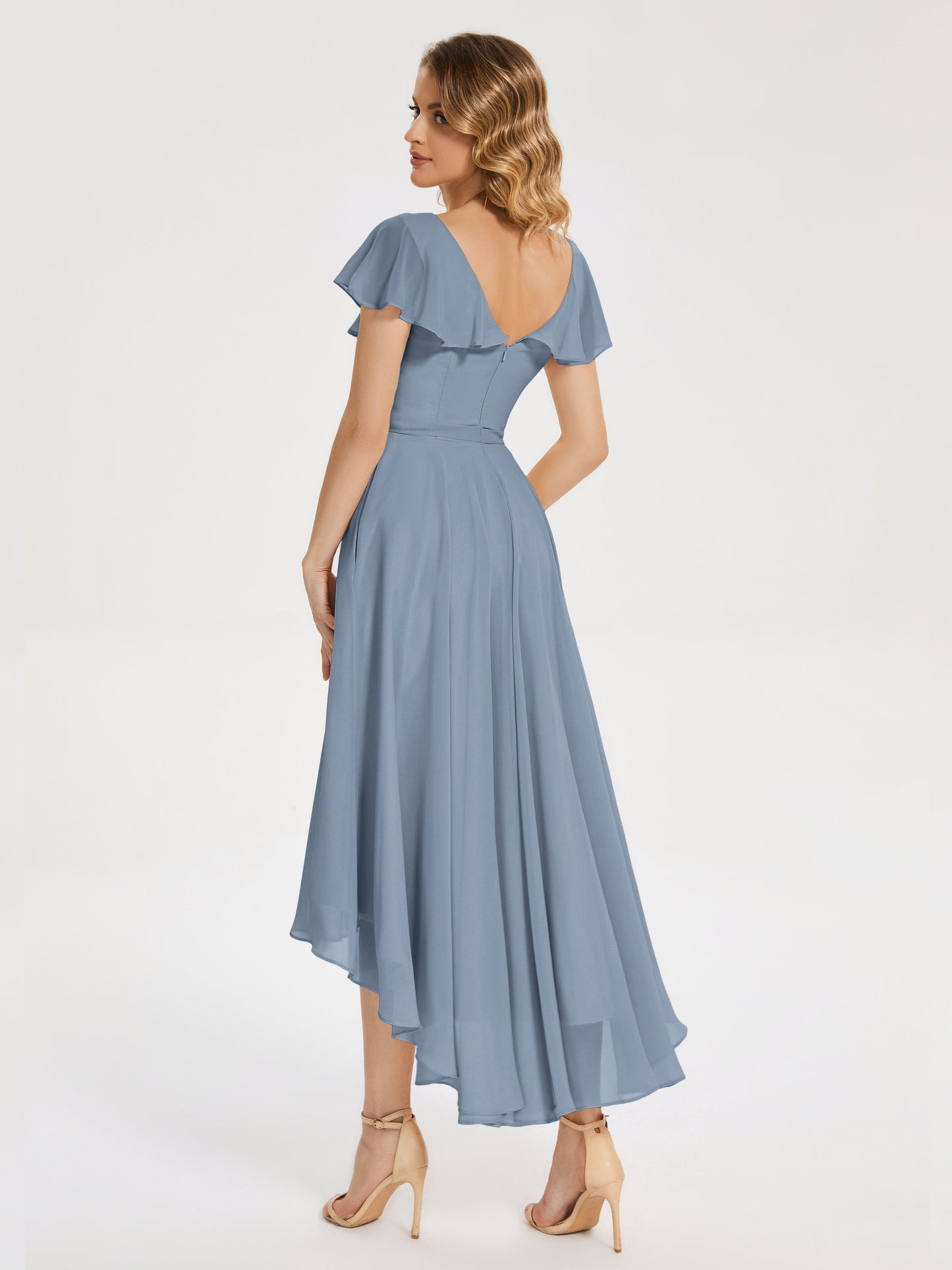 Gabriela Short Sleeves High Low Bridesmaid Dress with Pockets