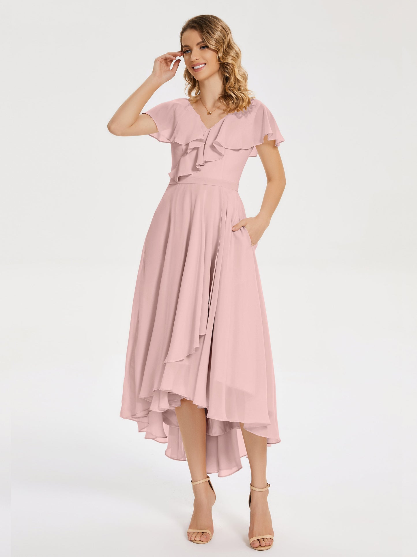 Gabriela Short Sleeves High Low Bridesmaid Dress with Pockets