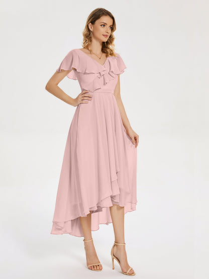 Gabriela Short Sleeves High Low Bridesmaid Dress with Pockets