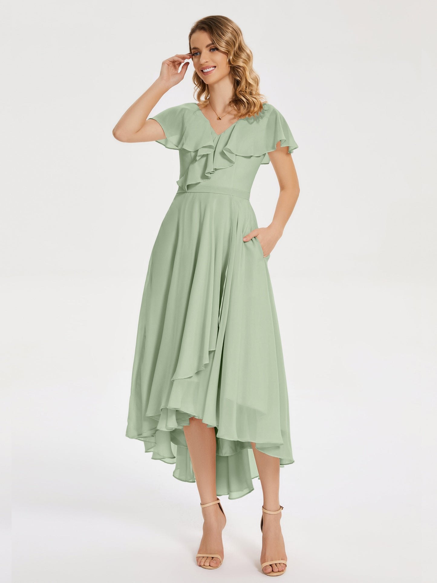 Gabriela Short Sleeves High Low Bridesmaid Dress with Pockets