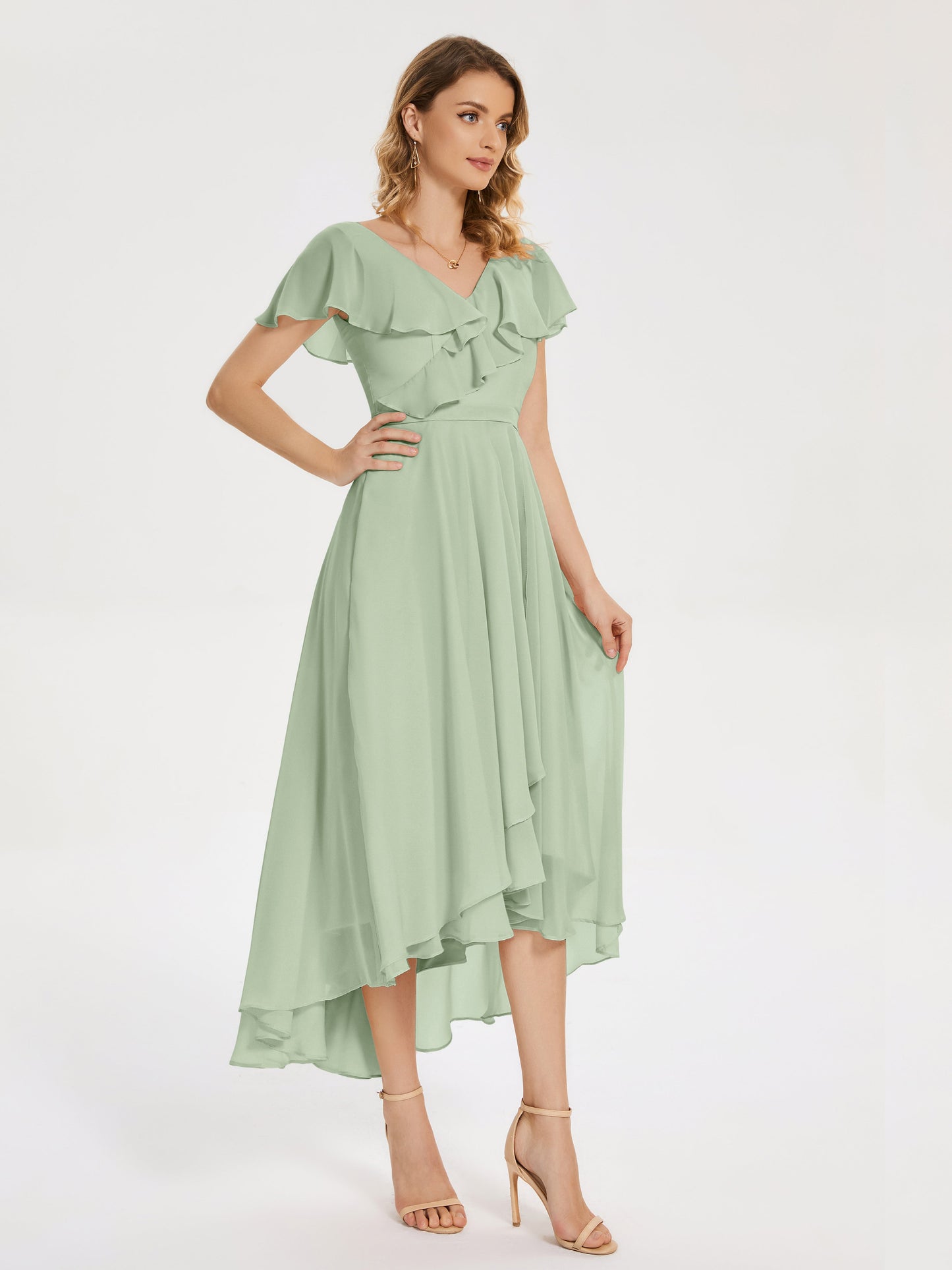 Gabriela Short Sleeves High Low Bridesmaid Dress with Pockets