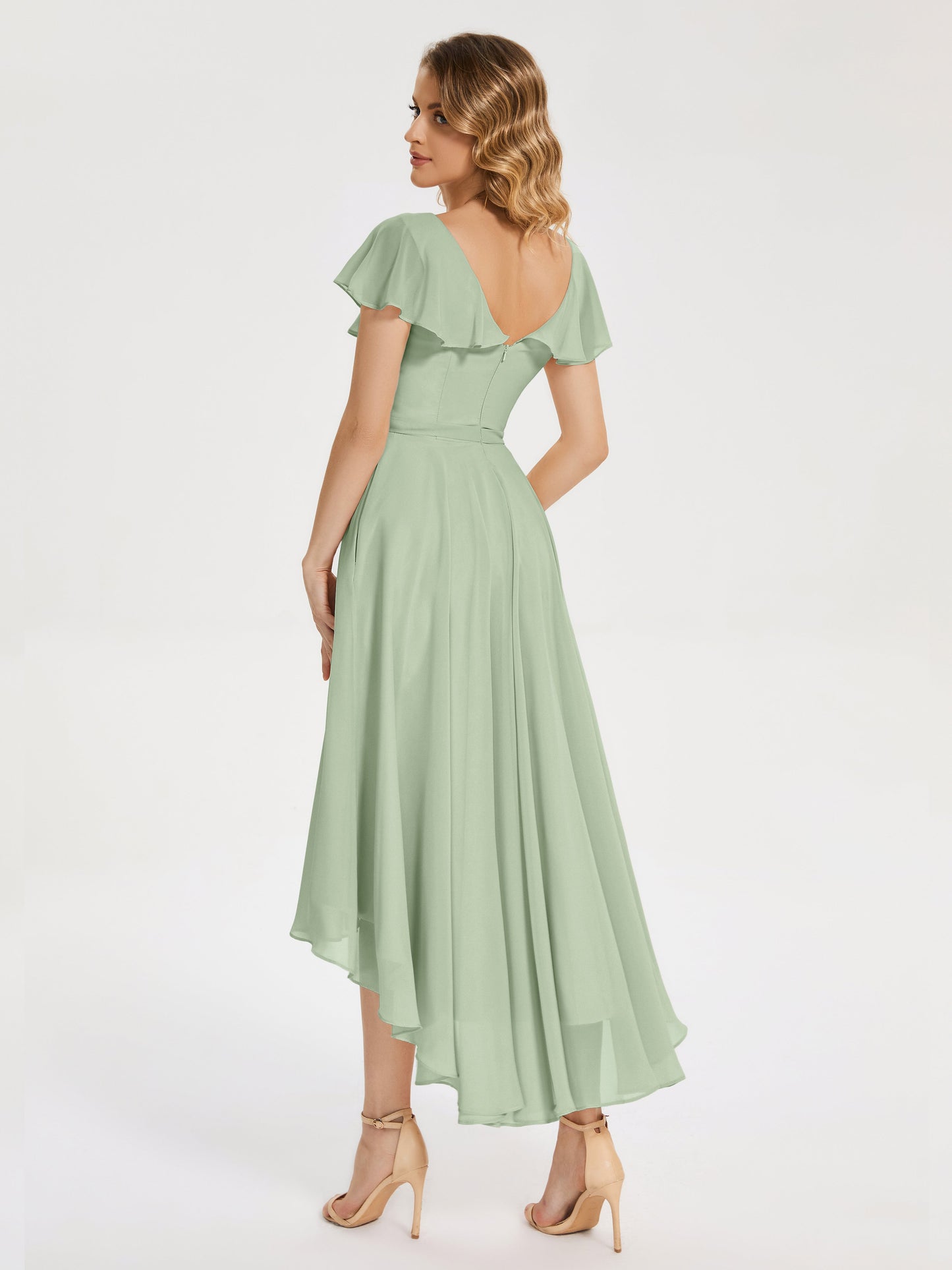 Gabriela Short Sleeves High Low Bridesmaid Dress with Pockets