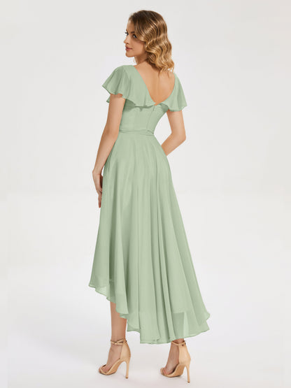 Gabriela Short Sleeves High Low Bridesmaid Dress with Pockets