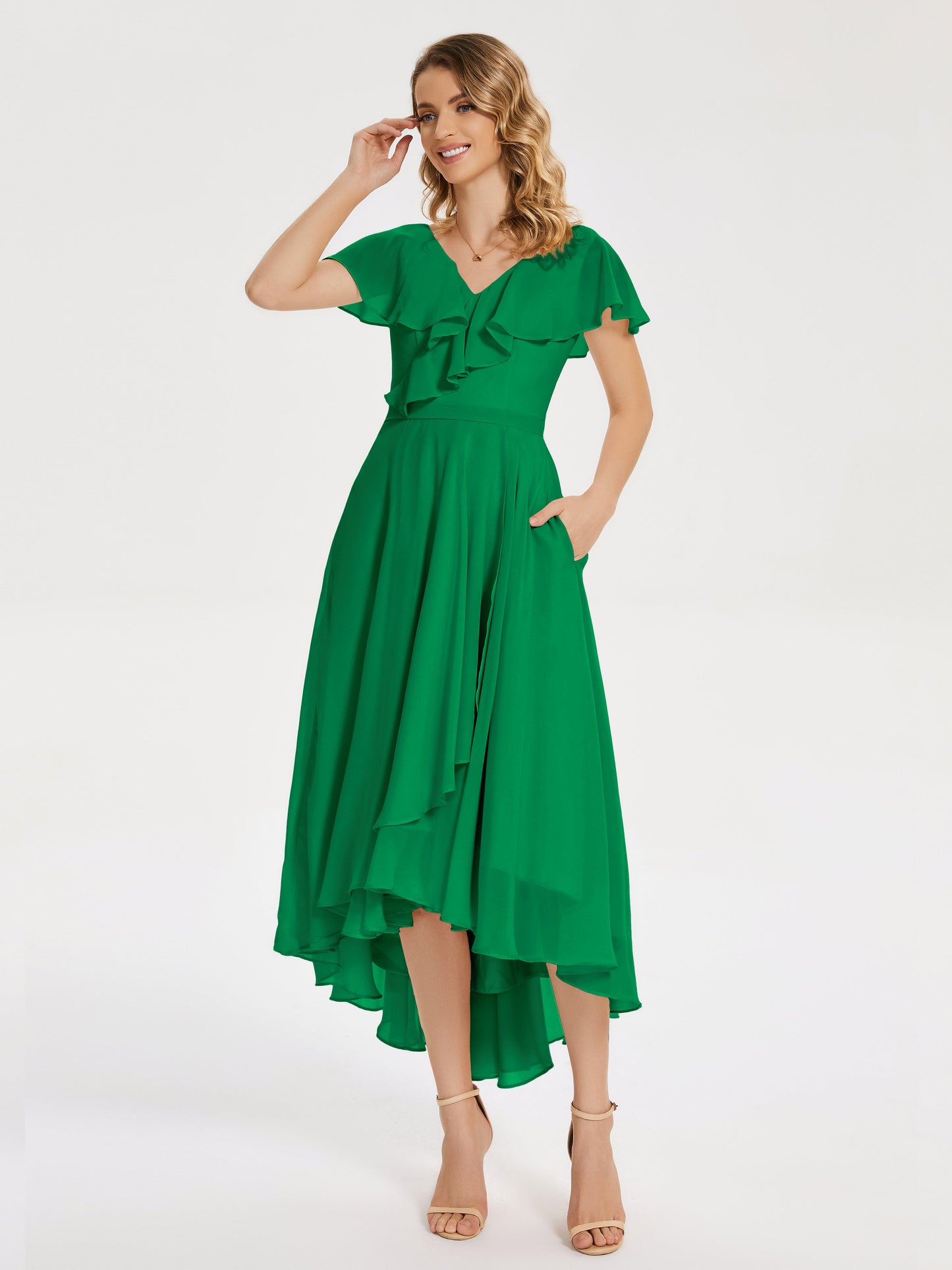 Gabriela Short Sleeves High Low Bridesmaid Dress with Pockets
