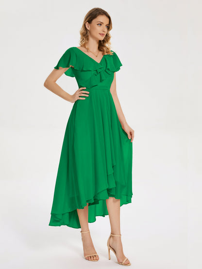 Gabriela Short Sleeves High Low Bridesmaid Dress with Pockets