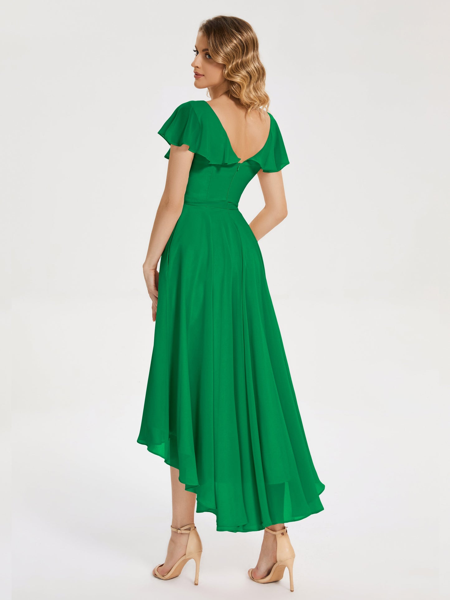 Gabriela Short Sleeves High Low Bridesmaid Dress with Pockets