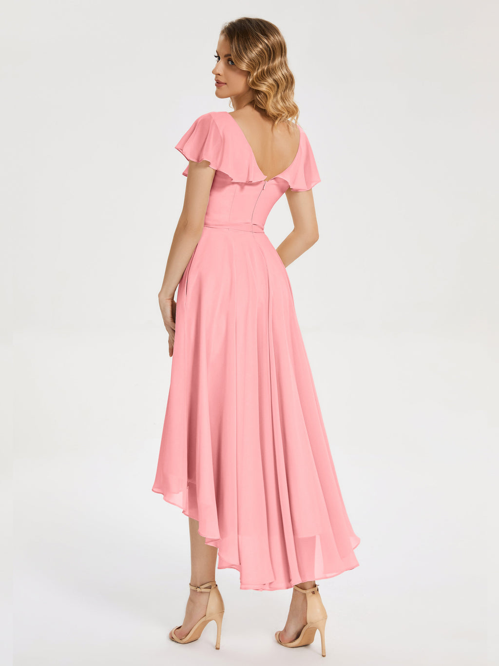Gabriela Short Sleeves High Low Bridesmaid Dress with Pockets