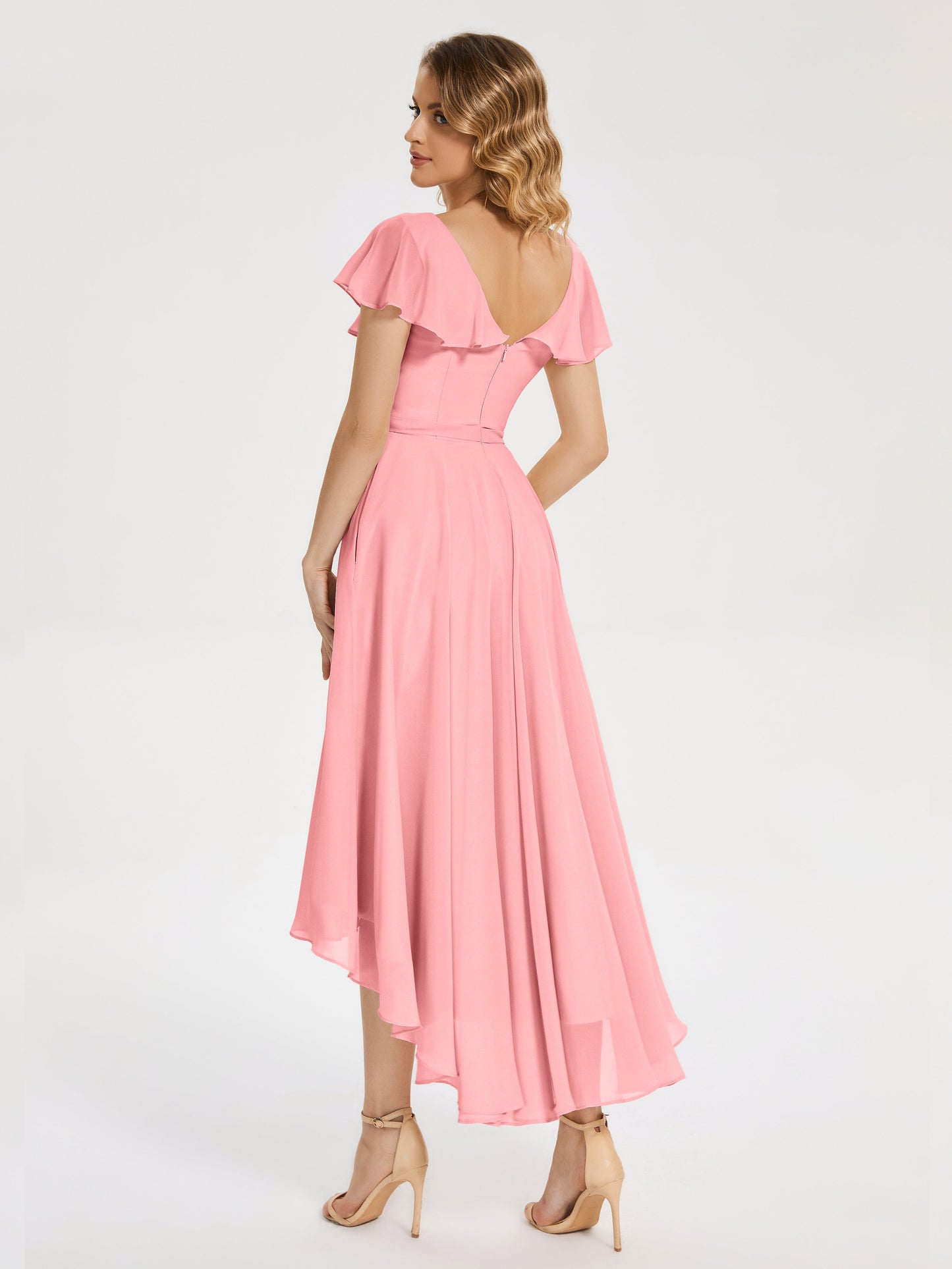 Gabriela Short Sleeves High Low Bridesmaid Dress with Pockets