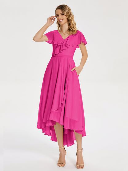 Gabriela Short Sleeves High Low Bridesmaid Dress with Pockets