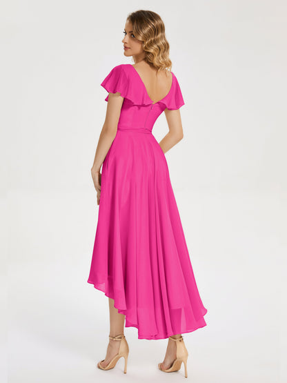 Gabriela Short Sleeves High Low Bridesmaid Dress with Pockets