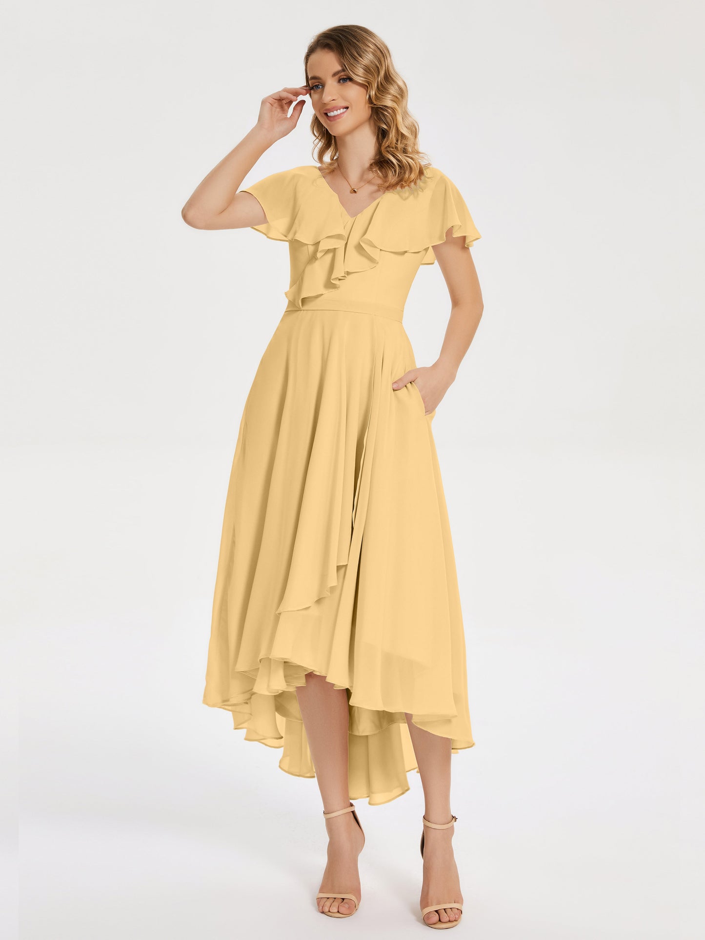 Gabriela Short Sleeves High Low Bridesmaid Dress with Pockets