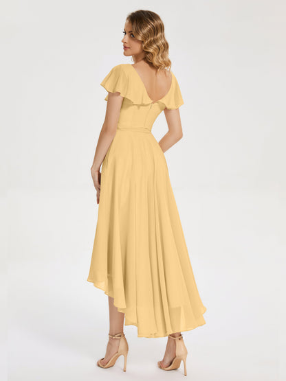 Gabriela Short Sleeves High Low Bridesmaid Dress with Pockets
