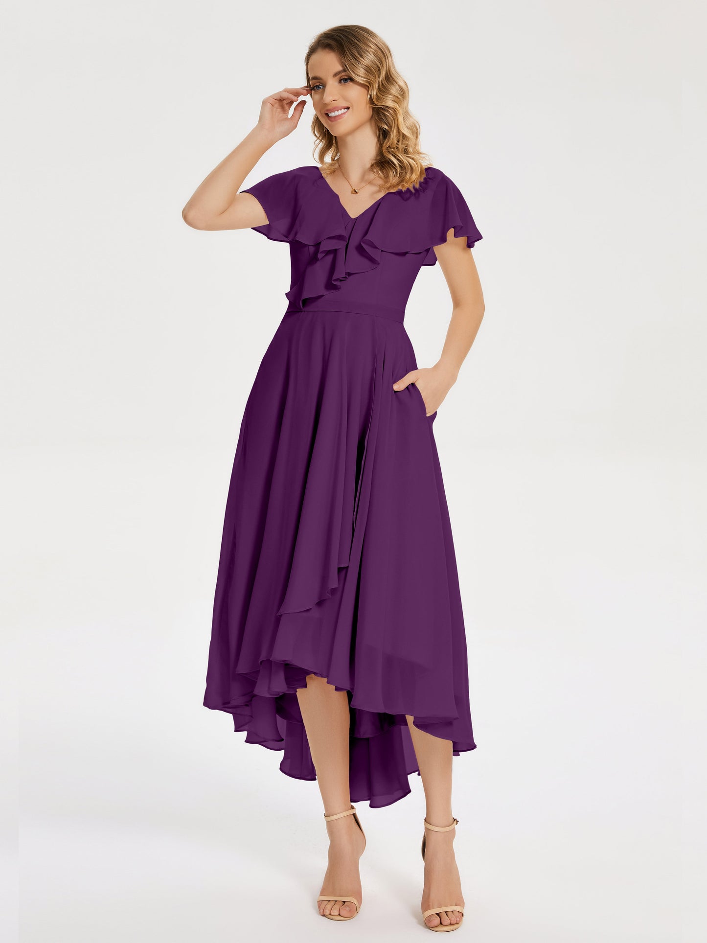 Gabriela Short Sleeves High Low Bridesmaid Dress with Pockets