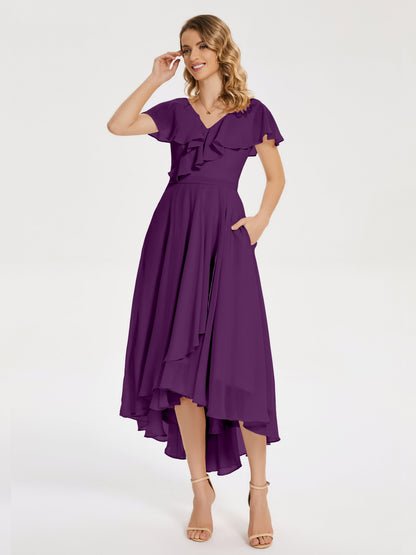 Gabriela Short Sleeves High Low Bridesmaid Dress with Pockets