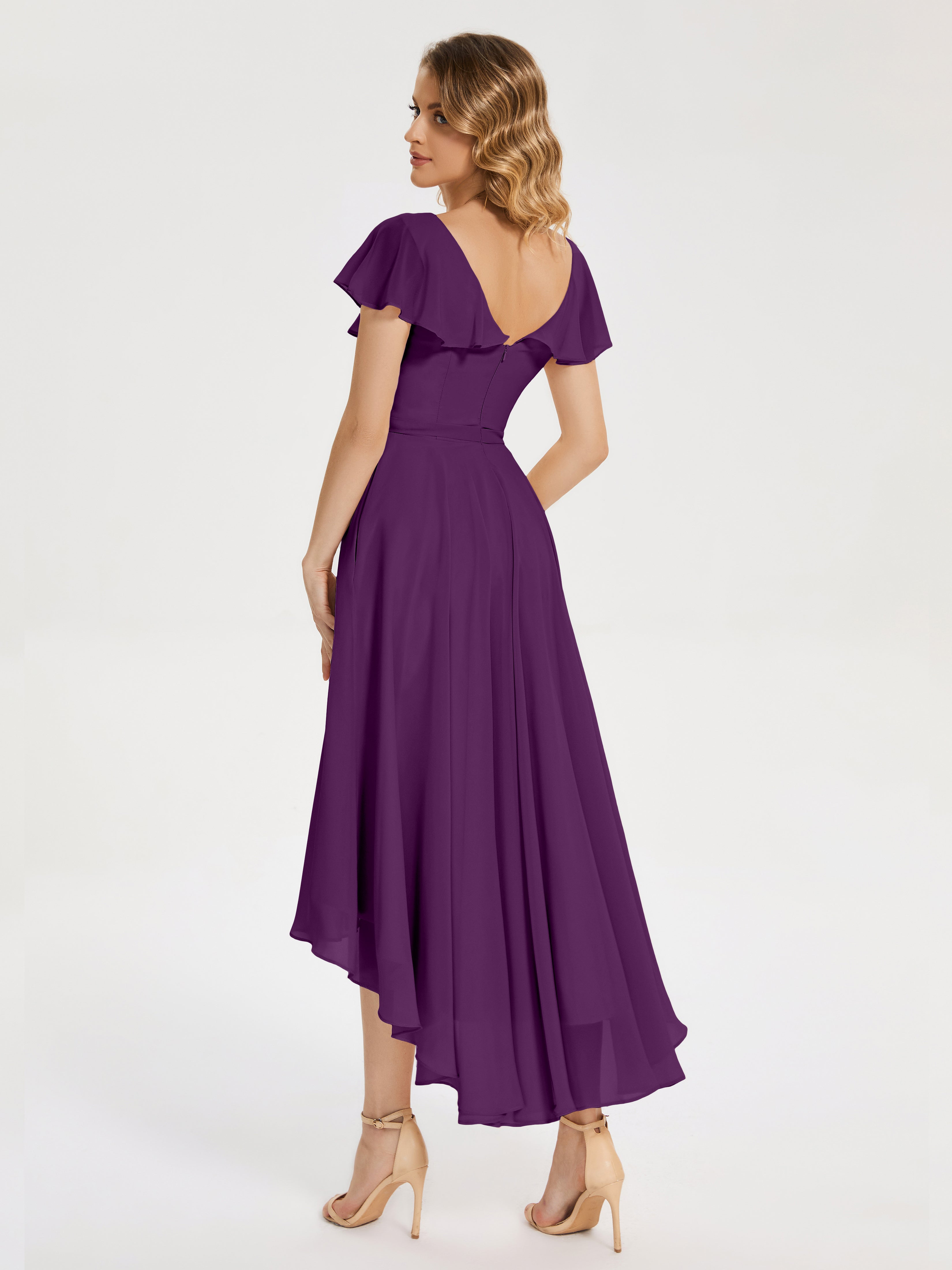 Gabriela Short Sleeves High Low Bridesmaid Dress with Pockets