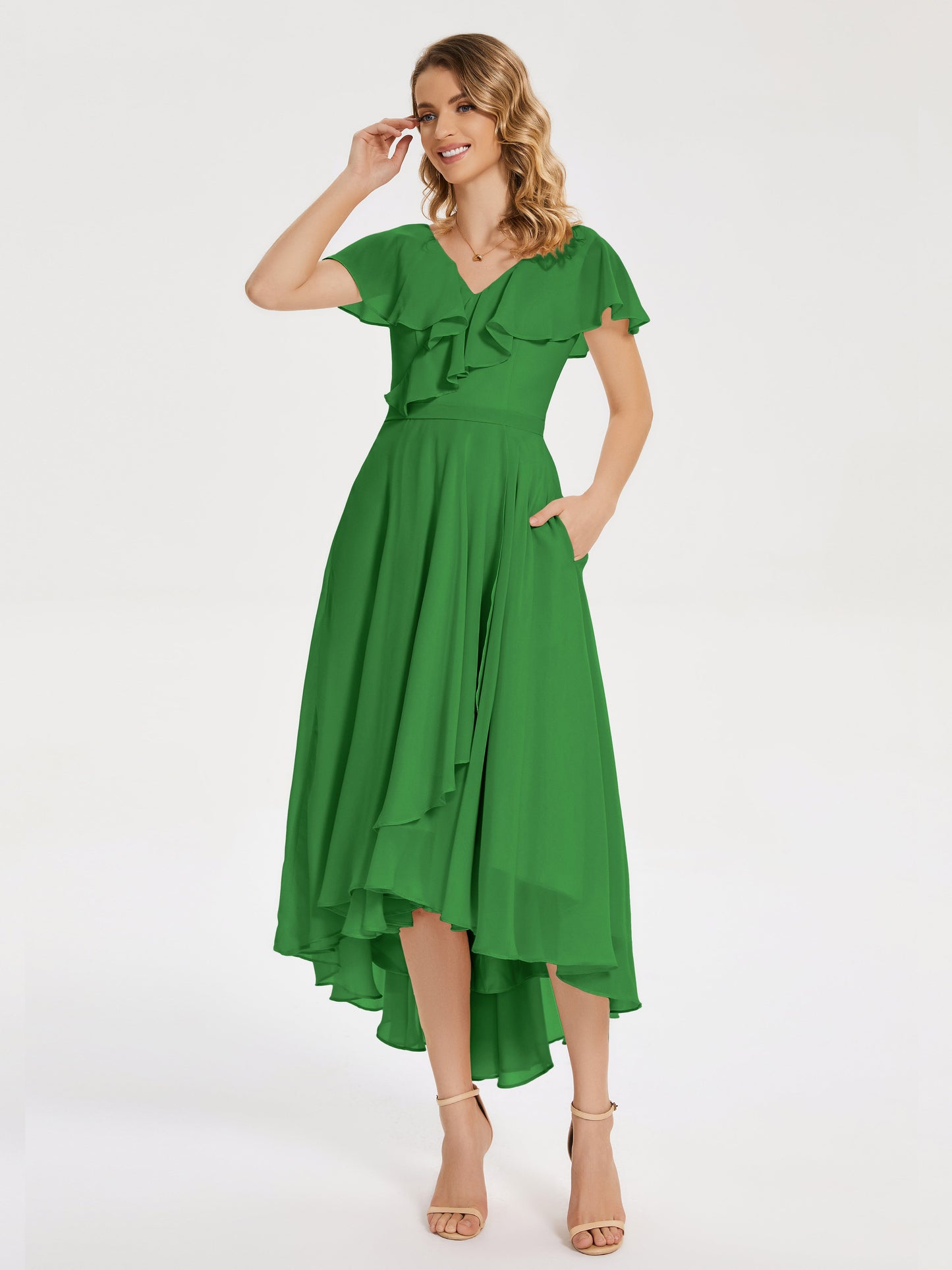Gabriela Short Sleeves High Low Bridesmaid Dress with Pockets