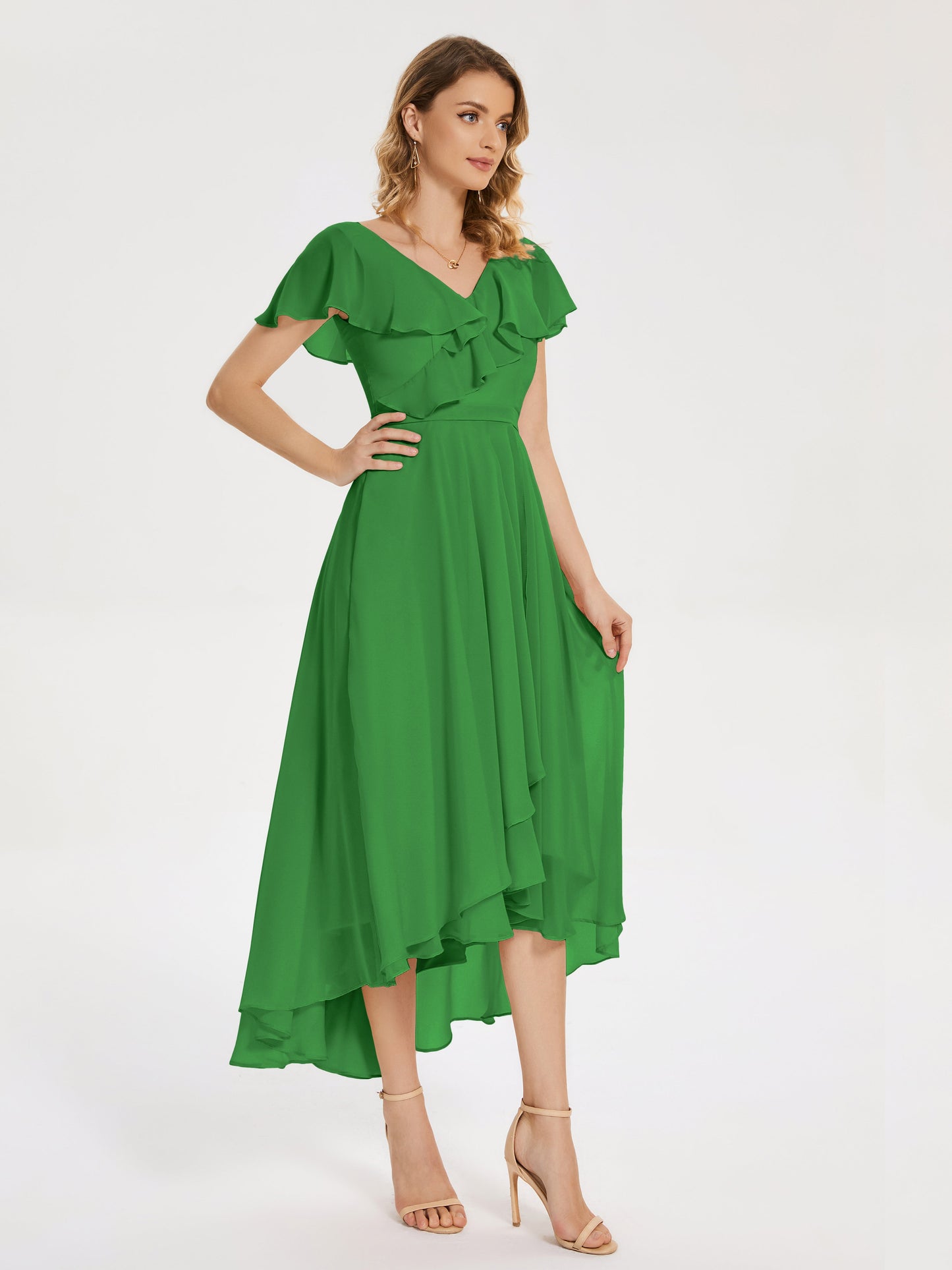 Gabriela Short Sleeves High Low Bridesmaid Dress with Pockets