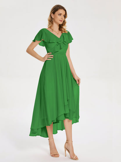 Gabriela Short Sleeves High Low Bridesmaid Dress with Pockets
