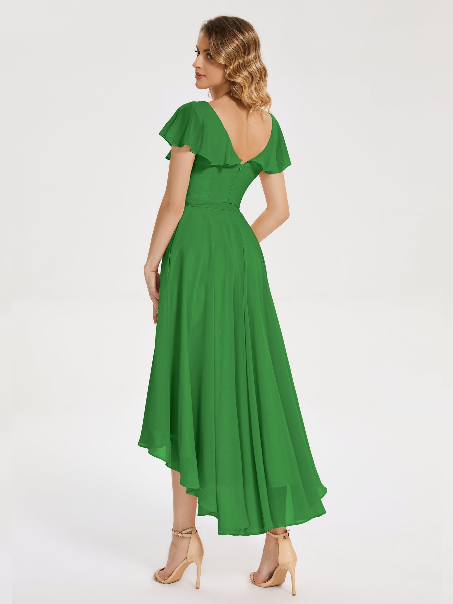 Gabriela Short Sleeves High Low Bridesmaid Dress with Pockets