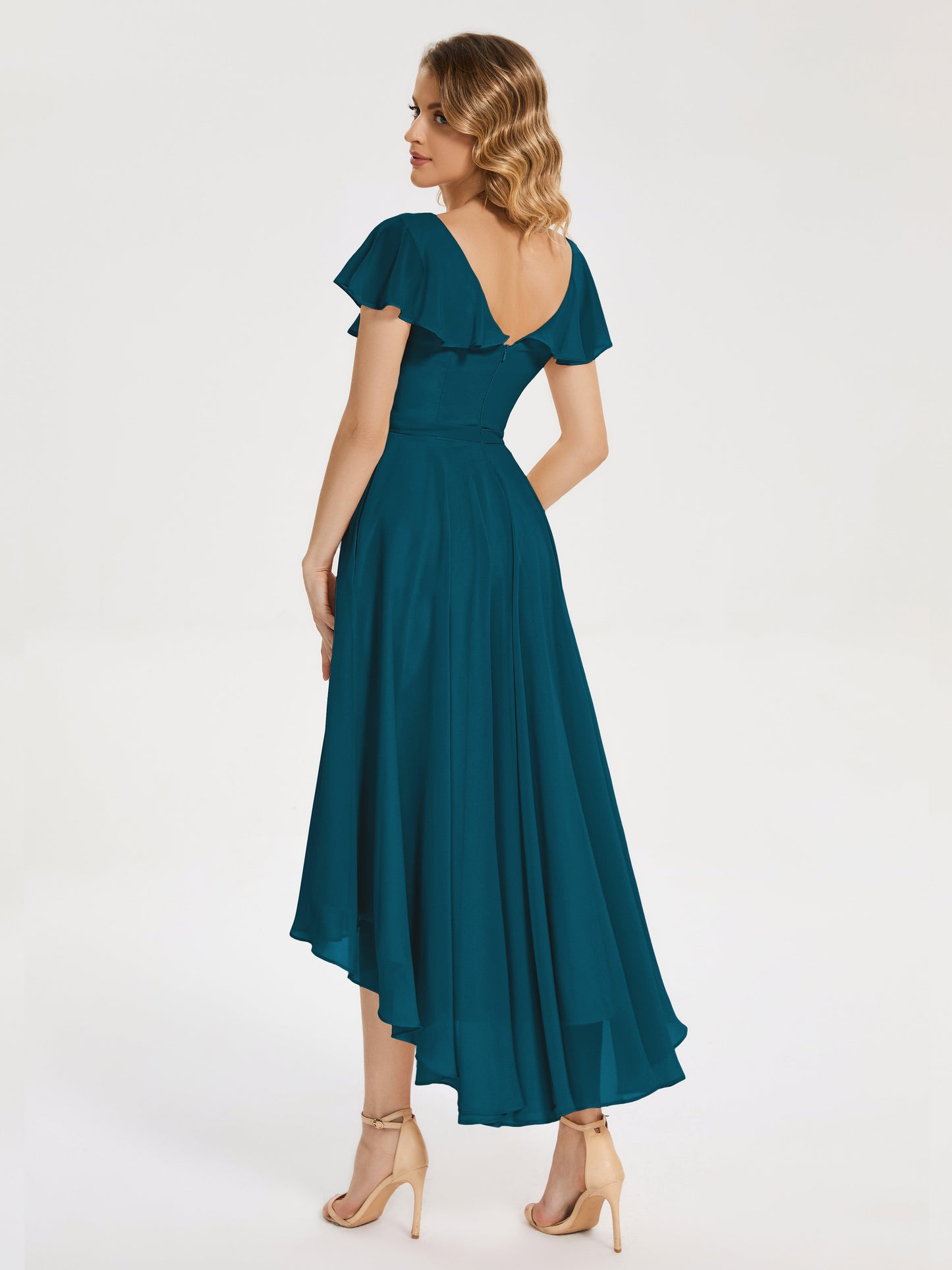 Gabriela Short Sleeves High Low Bridesmaid Dress with Pockets