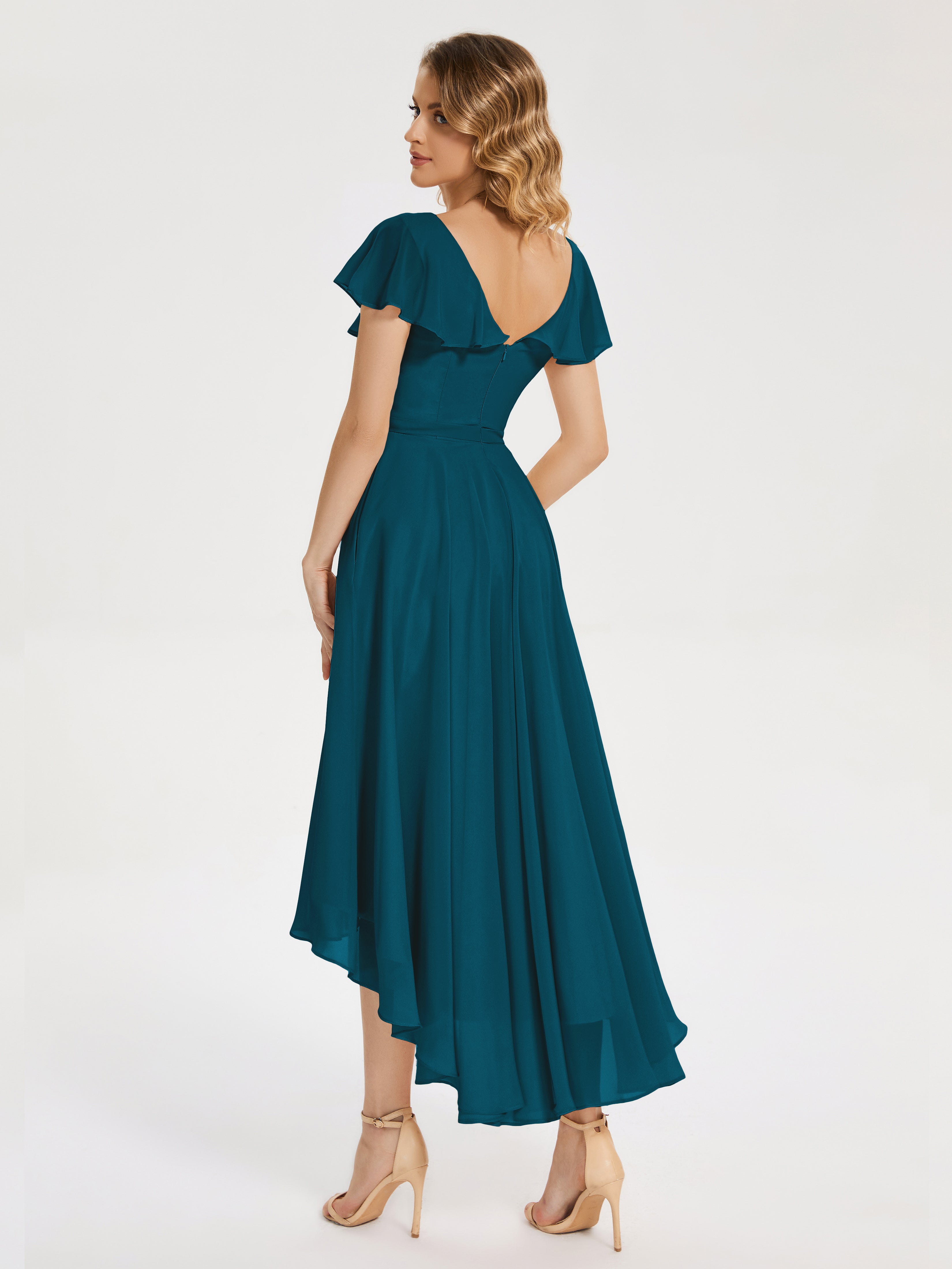 Gabriela Short Sleeves High Low Bridesmaid Dress with Pockets