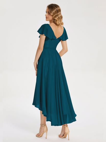 Gabriela Short Sleeves High Low Bridesmaid Dress with Pockets
