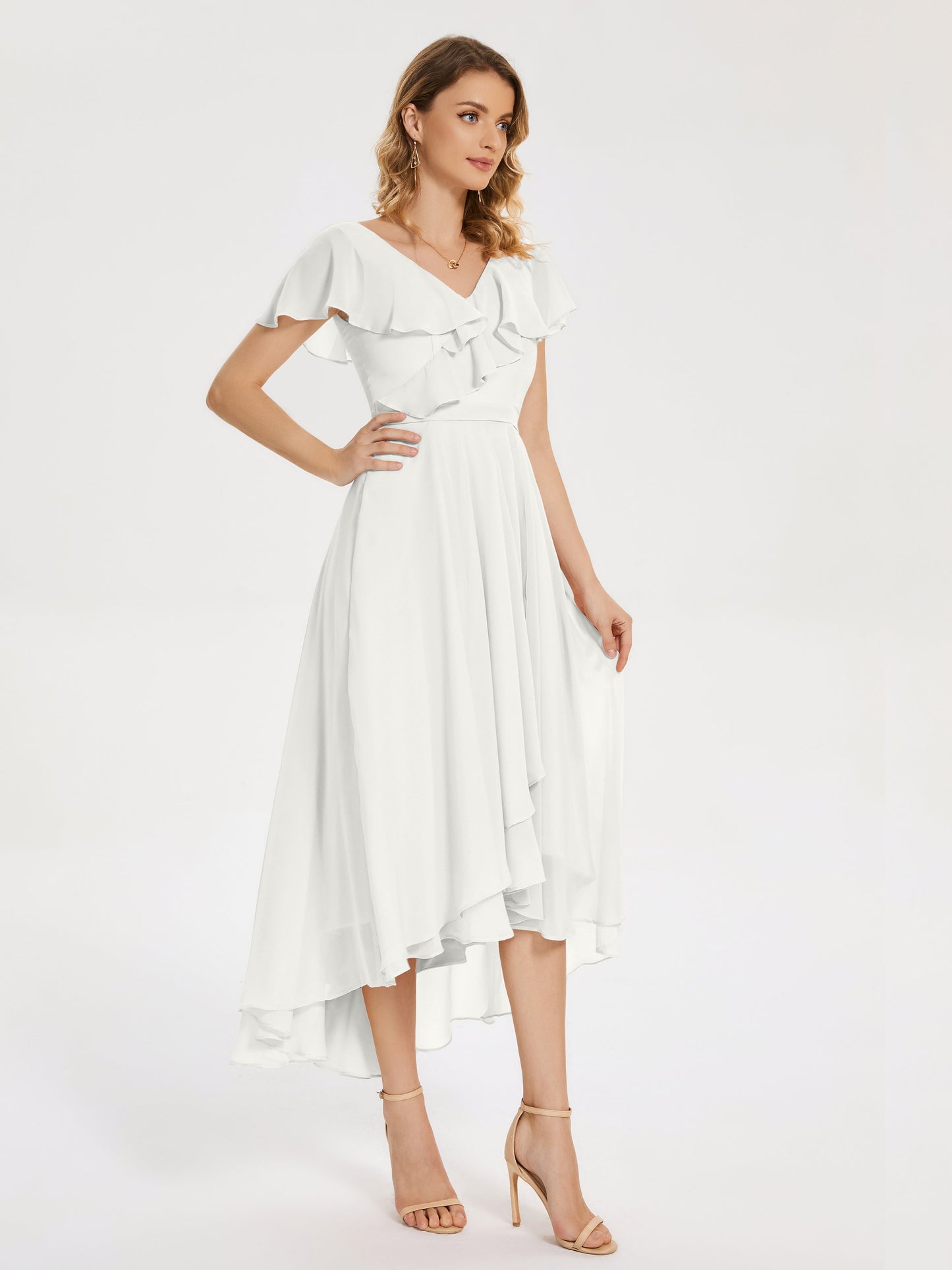 Gabriela Short Sleeves High Low Bridesmaid Dress with Pockets