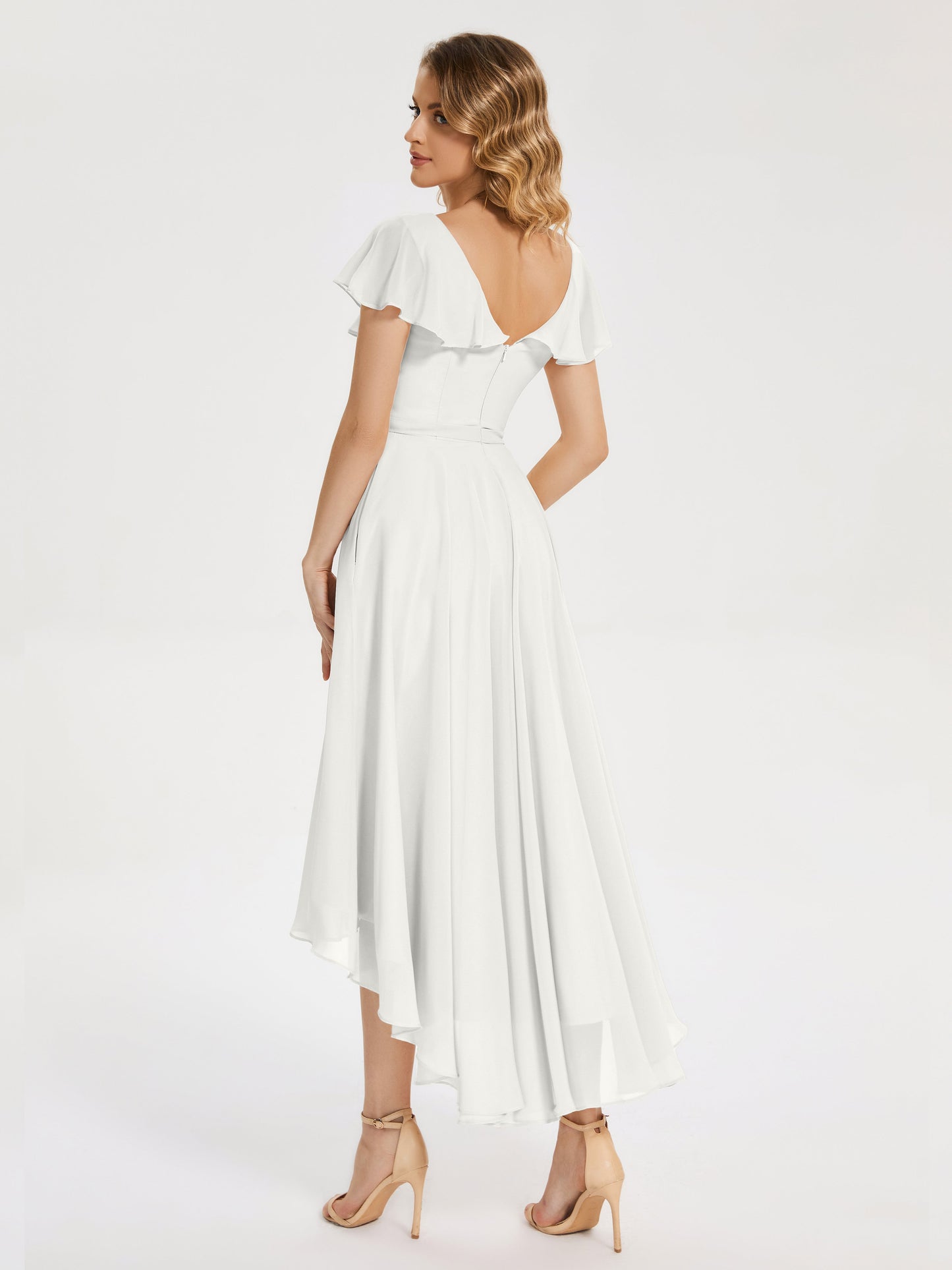Gabriela Short Sleeves High Low Bridesmaid Dress with Pockets