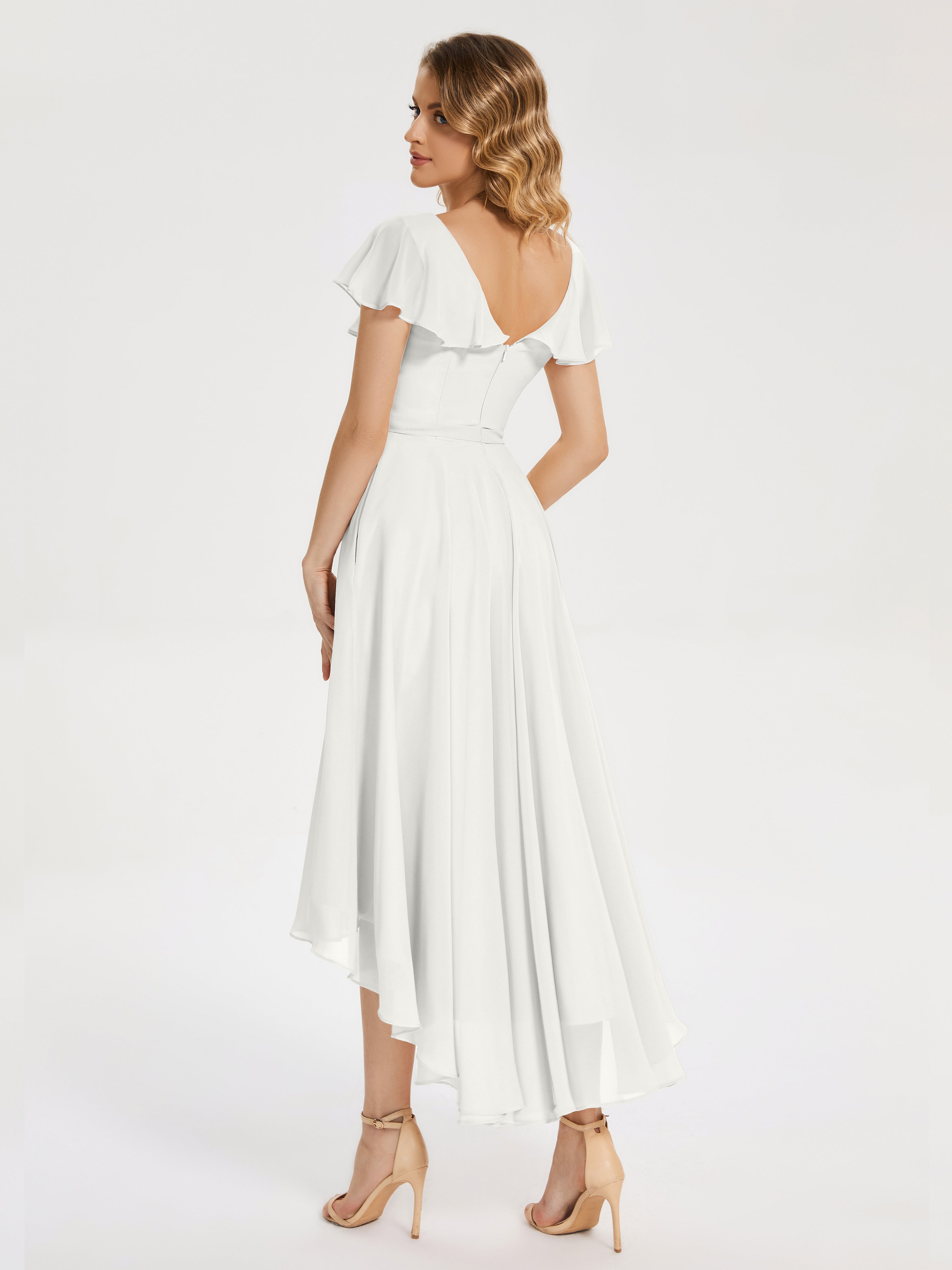 Gabriela Short Sleeves High Low Bridesmaid Dress with Pockets