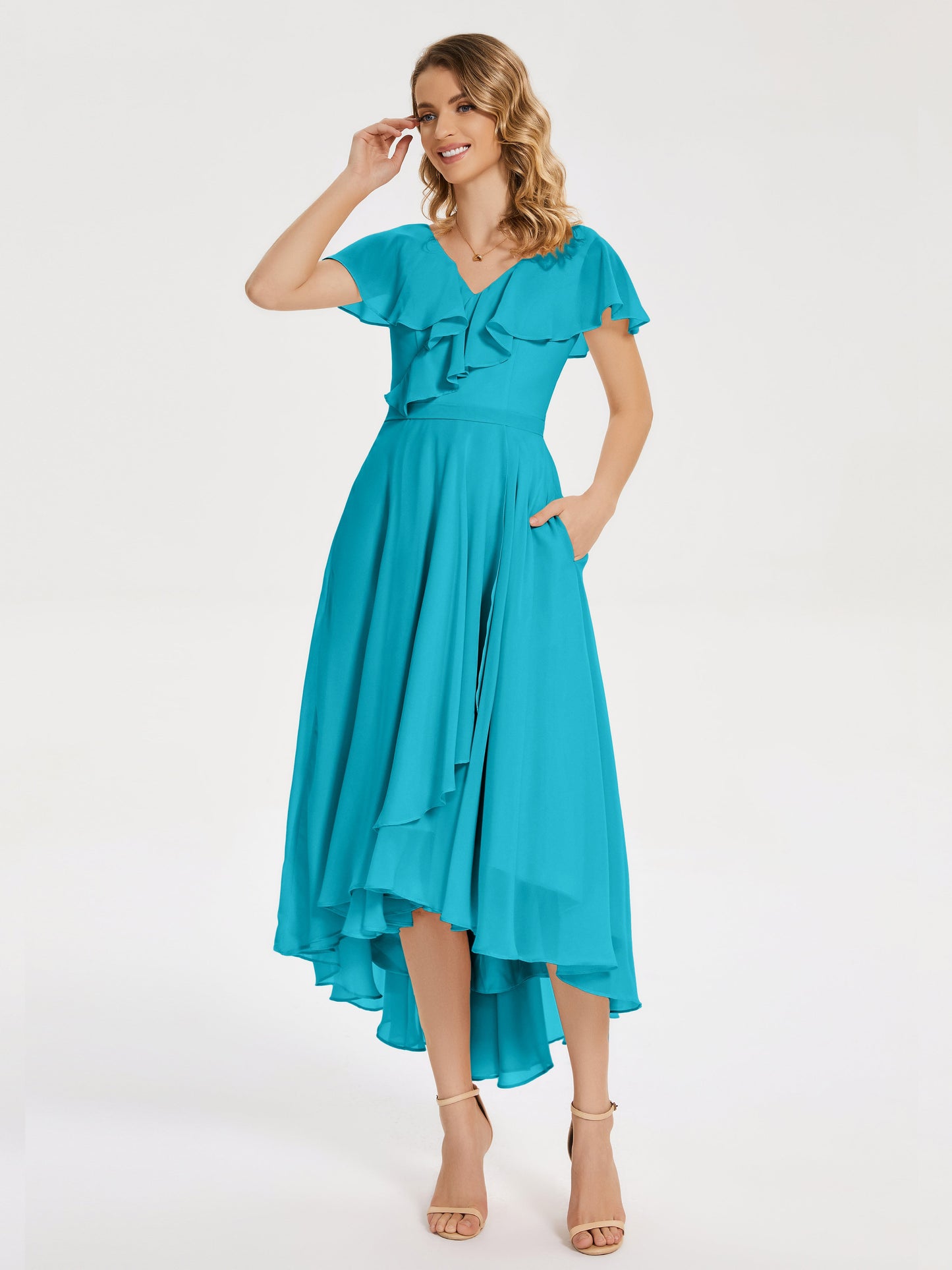 Gabriela Short Sleeves High Low Bridesmaid Dress with Pockets