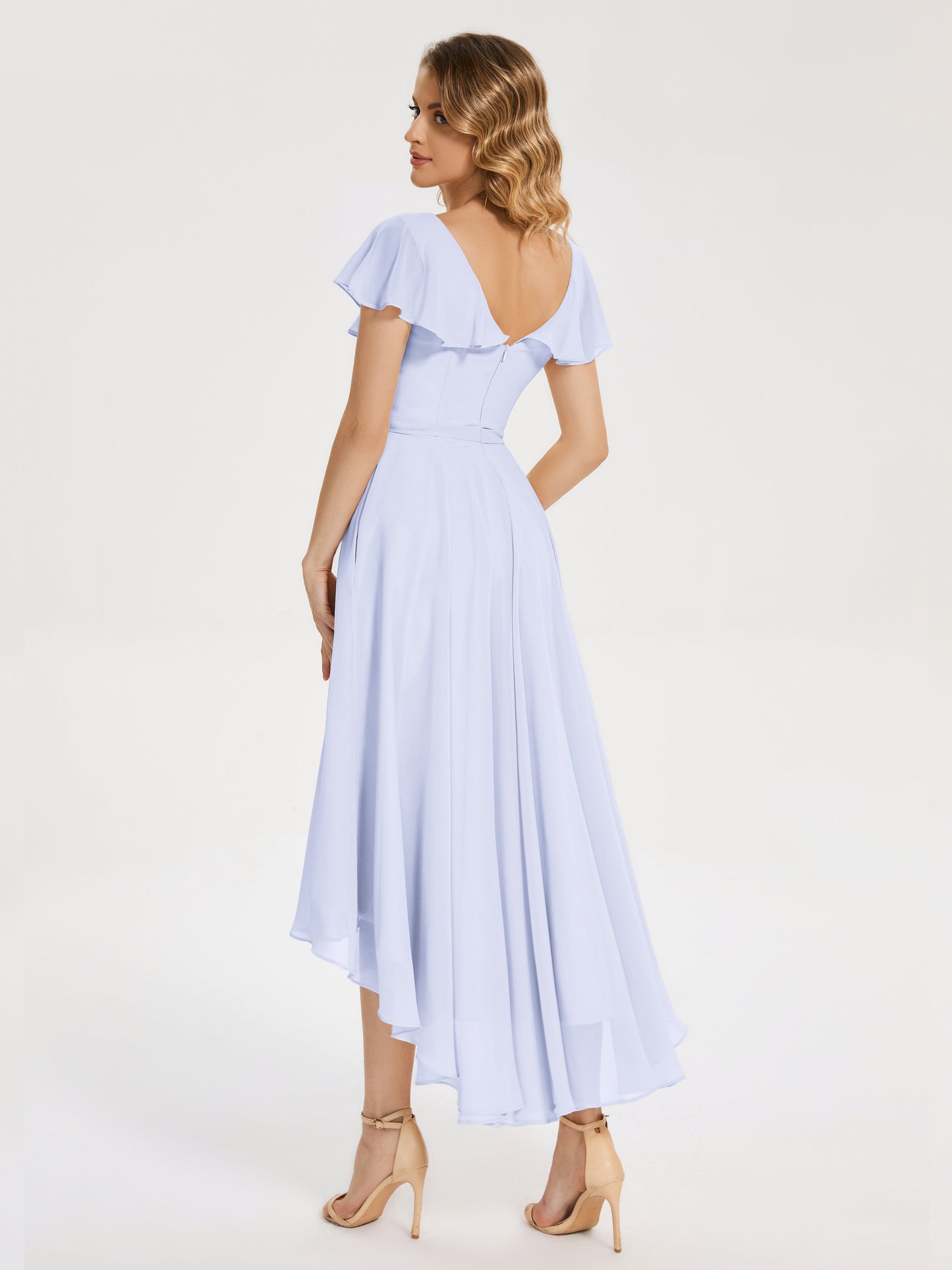 Gabriela Short Sleeves High Low Bridesmaid Dress with Pockets