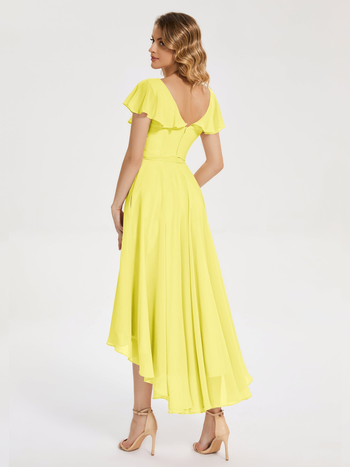 Gabriela Short Sleeves High Low Bridesmaid Dress with Pockets