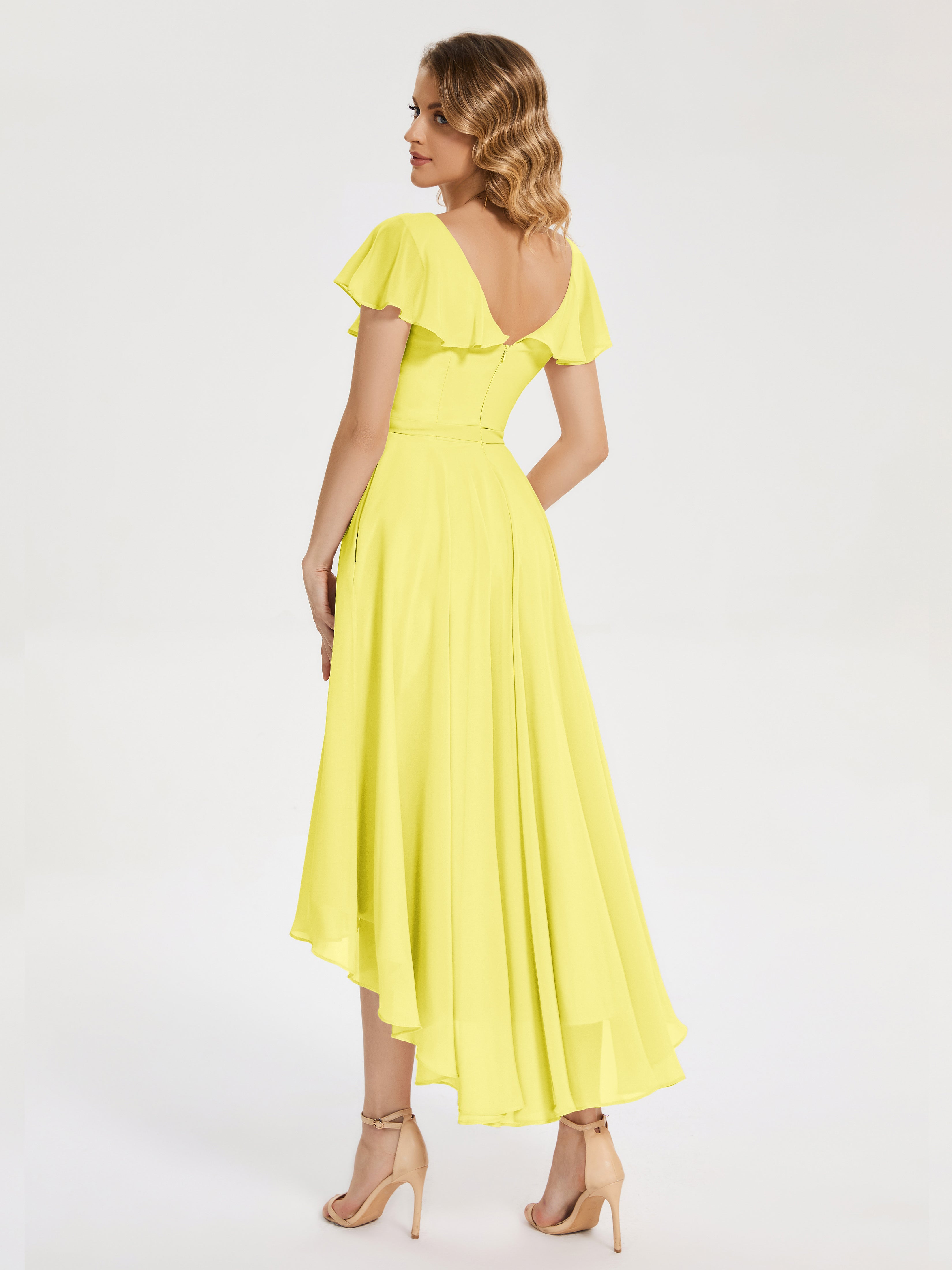 Gabriela Short Sleeves High Low Bridesmaid Dress with Pockets