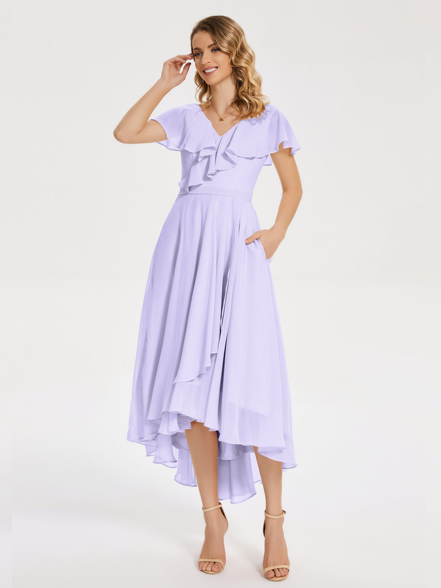 Gabriela Short Sleeves High Low Bridesmaid Dress with Pockets