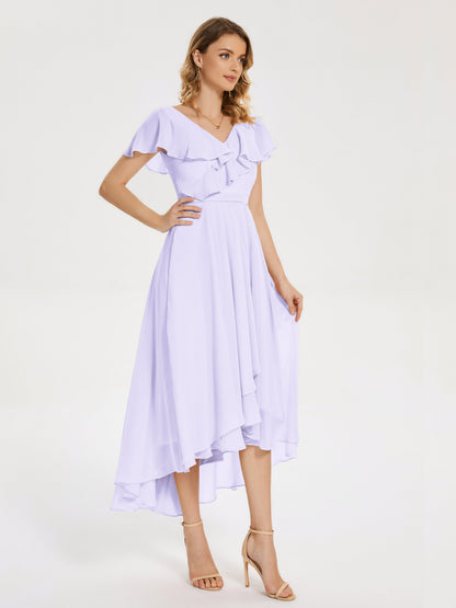 Gabriela Short Sleeves High Low Bridesmaid Dress with Pockets
