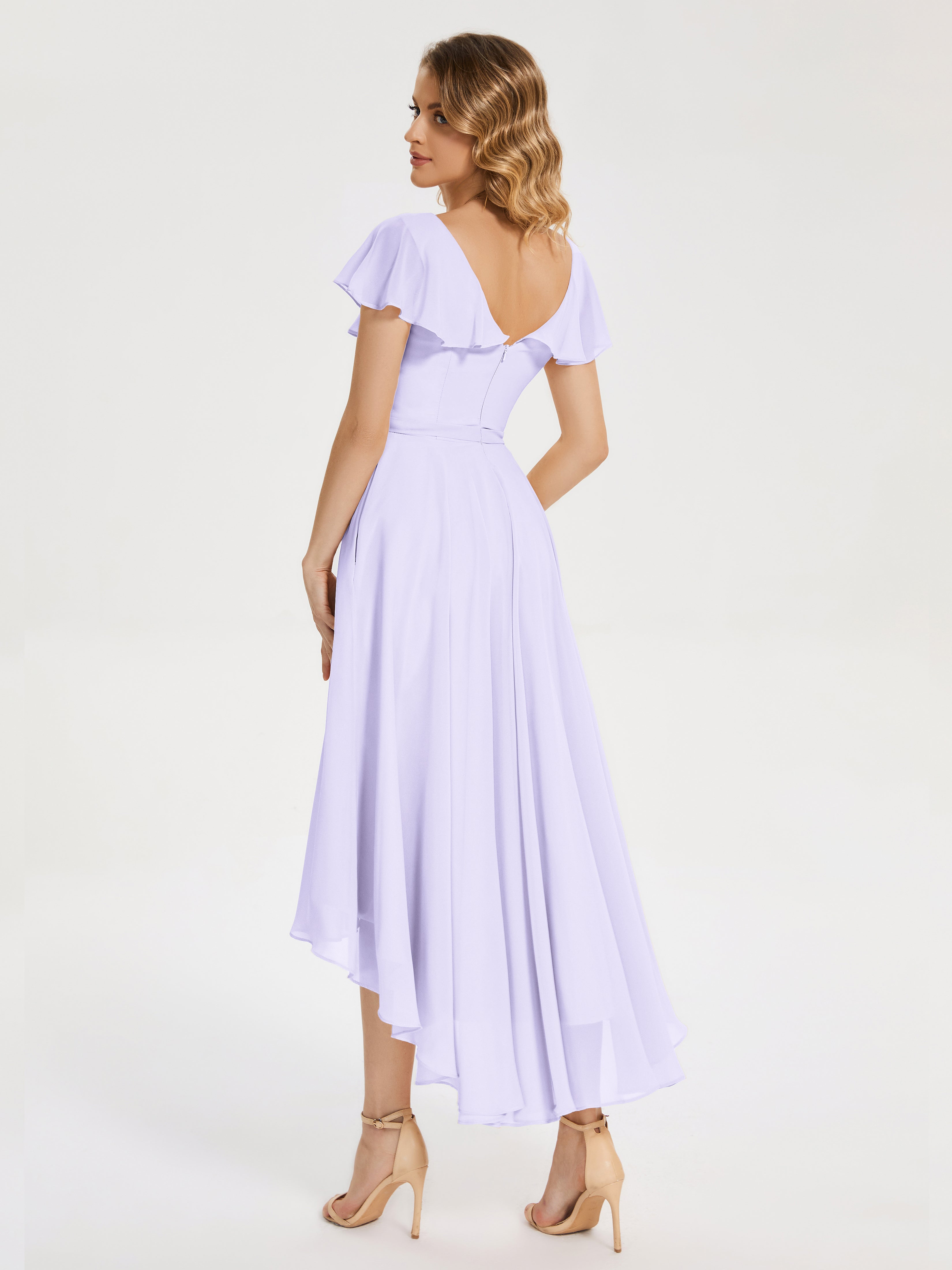 Gabriela Short Sleeves High Low Bridesmaid Dress with Pockets