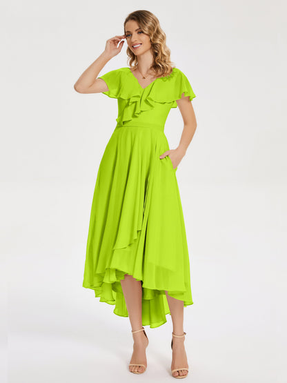Gabriela Short Sleeves High Low Bridesmaid Dress with Pockets