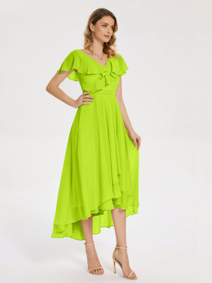 Gabriela Short Sleeves High Low Bridesmaid Dress with Pockets