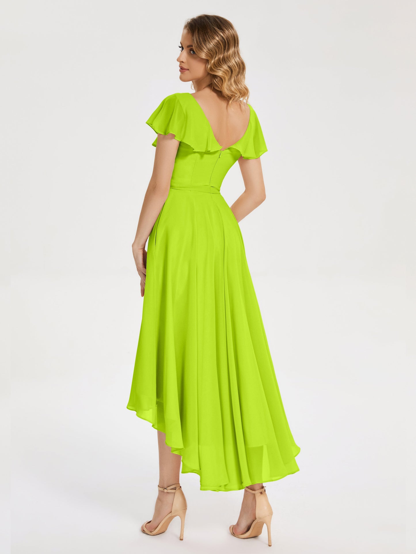 Gabriela Short Sleeves High Low Bridesmaid Dress with Pockets