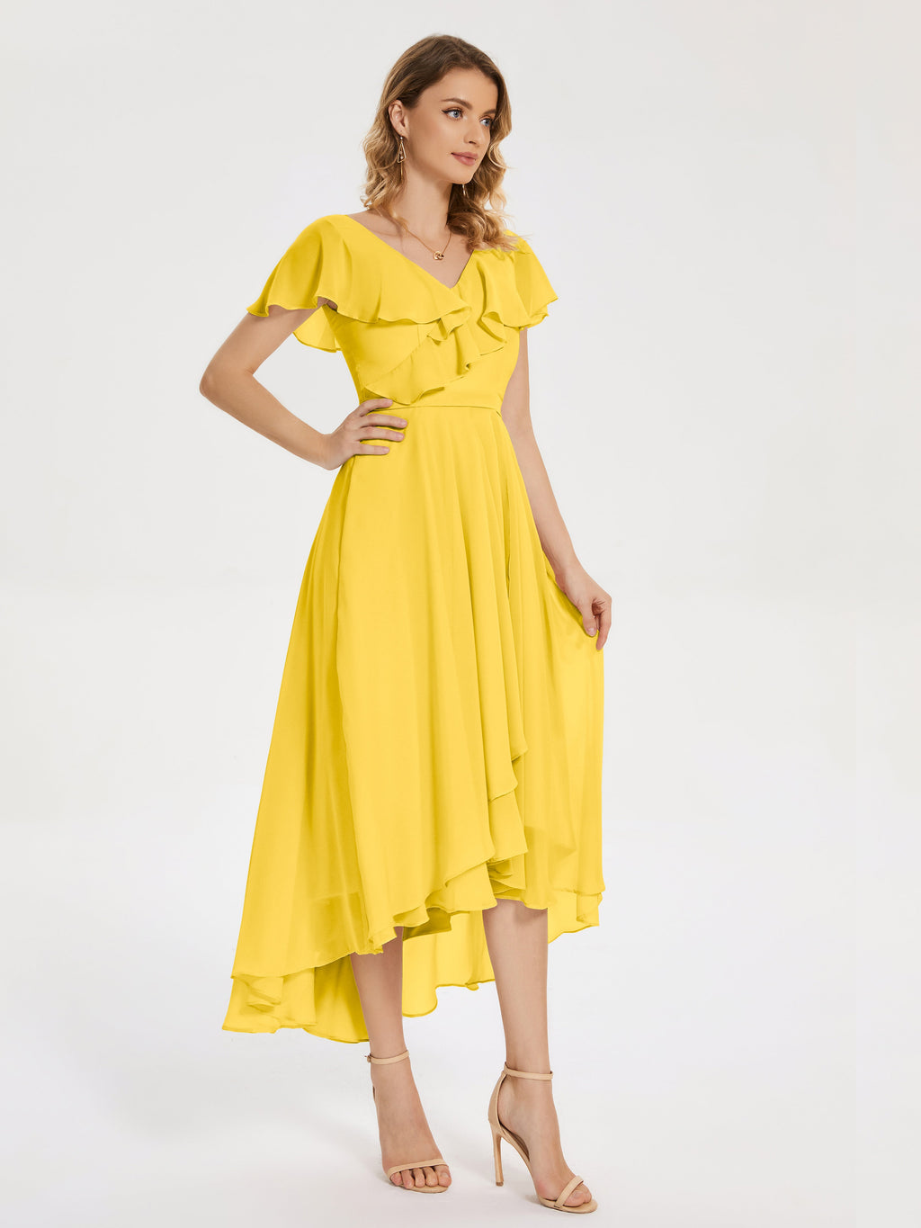 Gabriela Short Sleeves High Low Bridesmaid Dress with Pockets