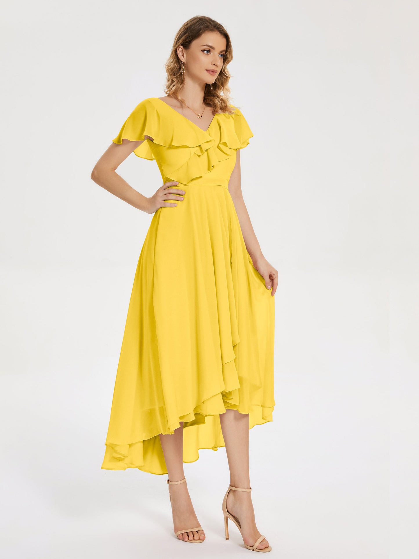 Gabriela Short Sleeves High Low Bridesmaid Dress with Pockets