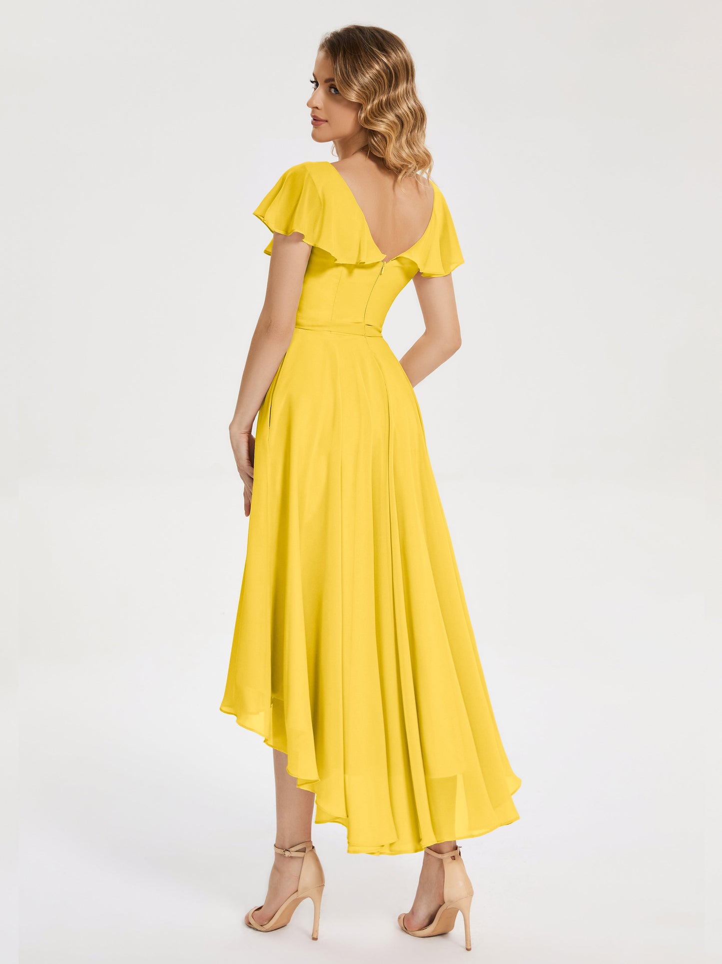 Gabriela Short Sleeves High Low Bridesmaid Dress with Pockets