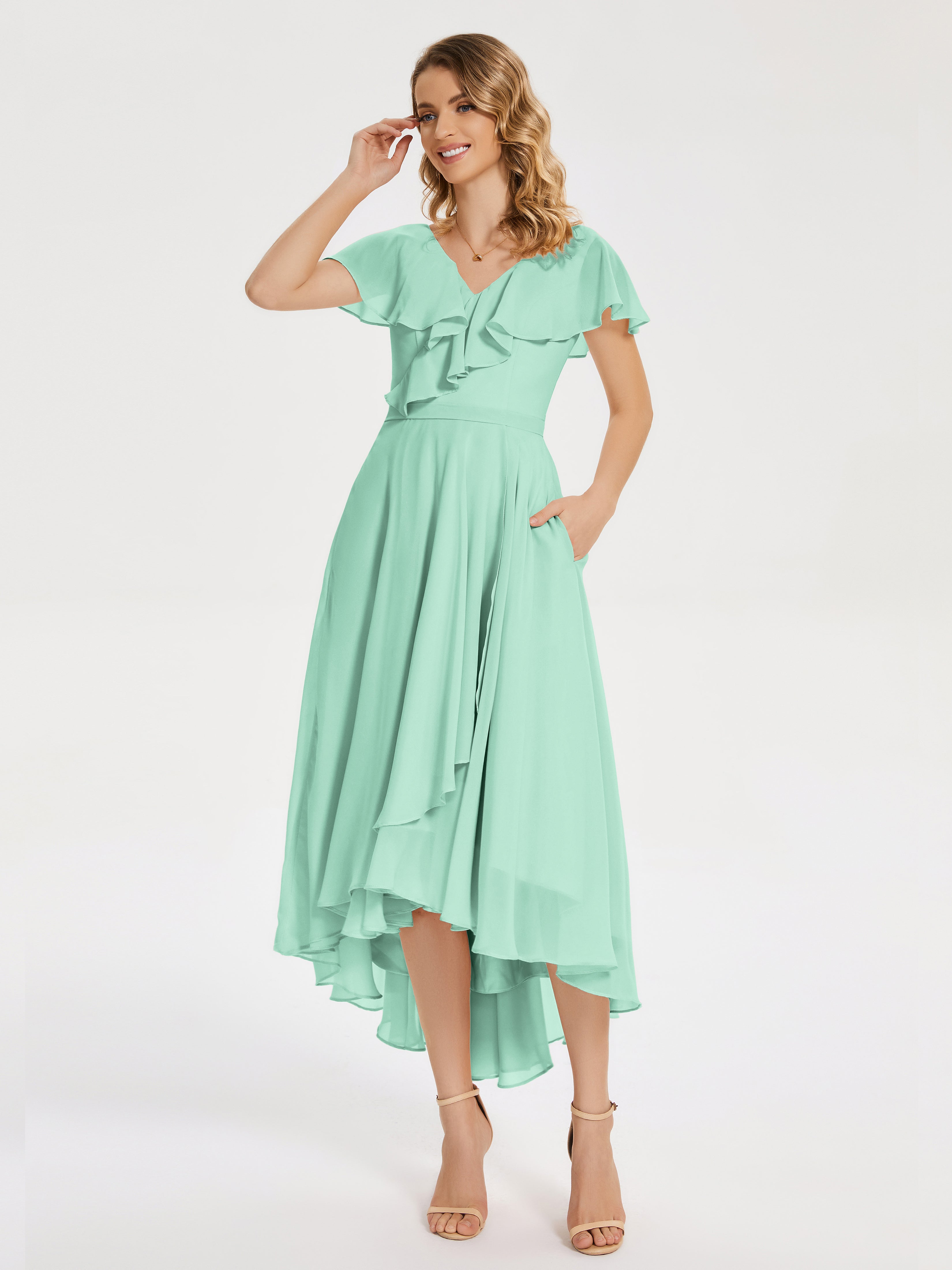 Gabriela Short Sleeves High Low Bridesmaid Dress with Pockets