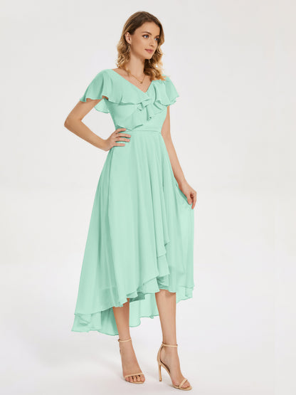 Gabriela Short Sleeves High Low Bridesmaid Dress with Pockets